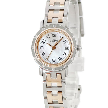 腕時計 エルメス HERMES クリッパー ナクレ CL4.222 クオーツ レディース ピンクゴールドGP×SS コンビ 純正ダイヤ シェル