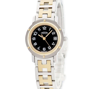 腕時計 エルメス HERMES クリッパー CL4.220 クオーツ レディース GP×SS コンビ ブラック Hマークブレス