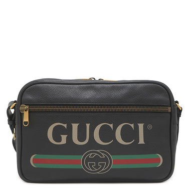 グッチ GUCCI ヴィンテージロゴ メッセンジャーバッグ 523589 ブラック レザー ショルダーバッグ マットゴールド金具 黒 レトロスタイル ロゴプリント