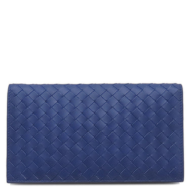 ボッテガヴェネタ BOTTEGA VENETA イントレチャート 二つ折り ウォレット ブルー レザー 長財布 ブラック金具 青 2つ折り