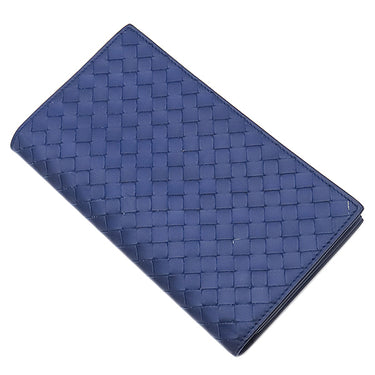ボッテガヴェネタ BOTTEGA VENETA イントレチャート 二つ折り ウォレット ブルー レザー 長財布 ブラック金具 青 2つ折り