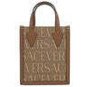 ヴェルサーチ Versace オールオーバー スモール トートバッグ ブラウン コットン ポリエステル レザー 2WAYバッグ ゴールド金具 ロゴ 総柄 ハンドバッグ ショルダー