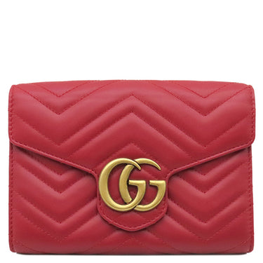 グッチ GUCCI GGマーモント 474575 レッド レザー チェーンウォレット ゴールド金具 赤 チェーン ショルダーバッグ シェブロン キルティング