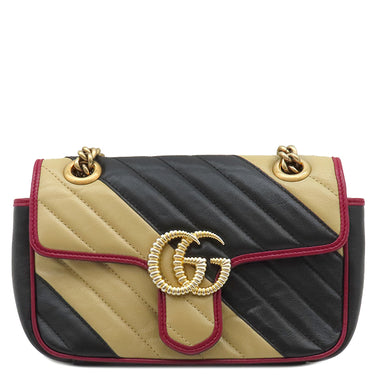 グッチ GUCCI GGマーモント スモール ショルダー 446744 ブラック×ベージュ×レッド レザー ショルダーバッグ ゴールド金具 黒 赤