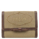 プラダ PRADA ロゴ ジャガード 1MH523 CORDA×BRUCIA キャンバス レザー ジャガード 三つ折り財布 ゴールド金具 カーキ リボン