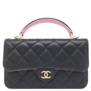 シャネル CHANEL ミニマトラッセ フォンケース ブラック×ピンク ラムスキン ショルダーバッグ ゴールド金具 黒 ココマーク