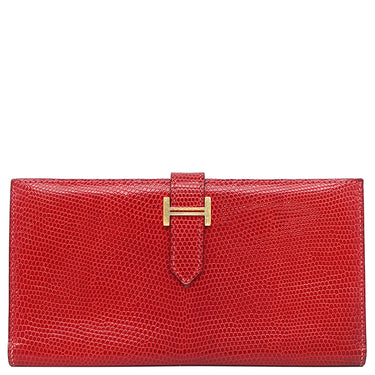 エルメス HERMES ベアンクラシック ルージュヴィフ リザード 長財布 ゴールド金具 赤 二つ折り財布