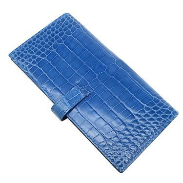 エルメス HERMES ベアンスフレ ブルーゼリージュ アリゲーター 長財布 ゴールド金具 青 クロコ 二つ折り財布