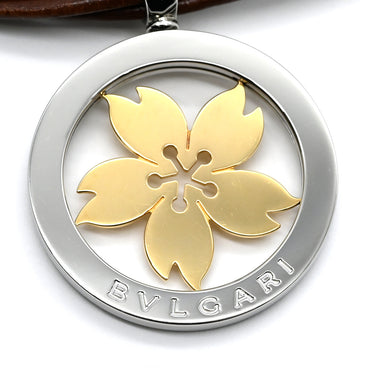 ブルガリ BVLGARI トンド サクラ ペンダント イエローゴールド×シルバー K18YG ステンレススチール レザー ネックレス 桜モチーフ SS 18K 750YG 18金 5連ストラップ