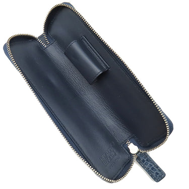 モンブラン Montblanc ジップ式ペンポーチ 1本用 ネイビー レザー ペンケース シルバー金具 紺 ジップタイプ ホワイトスター クロコ型押し