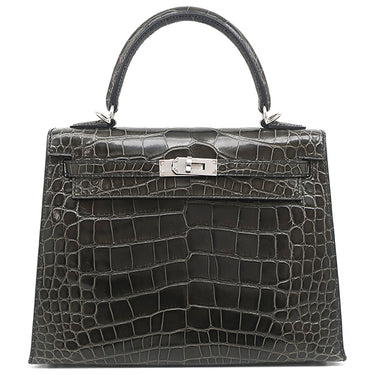 エルメス HERMES ケリー25 外縫い グラファイト アリゲーター 2WAYバッグ シルバー金具