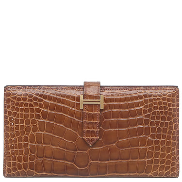 エルメス HERMES ベアンスフレ ミール アリゲーター 長財布 ゴールド 