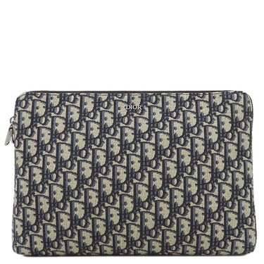 クリスチャン・ディオール Christian Dior オブリーク ジャカード ポーチ ネイビー系 レザー ジャガード セカンドバッグ シルバー金具 クラッチ 紺