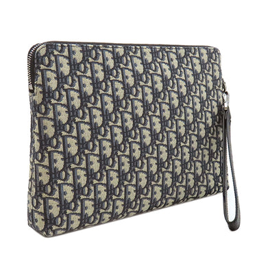 クリスチャン・ディオール Christian Dior オブリーク ジャカード ポーチ ネイビー系 レザー ジャガード セカンドバッグ シルバー金具 クラッチ 紺