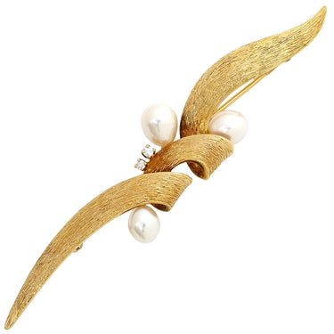 ミキモト MIKIMOTO パール ダイヤブローチ イエローゴールド K18YG ダイヤモンド ブローチ MIKIMOTO Au750 18K 18金 淡水パール 真珠 テクスチャ 葉彫り
