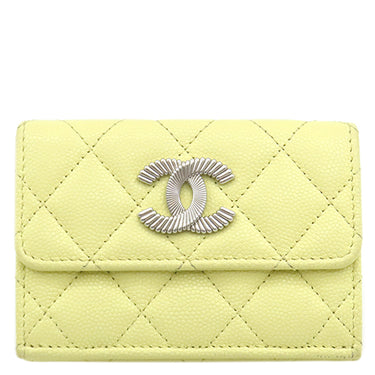 シャネル CHANEL フィッシュ スモール ウォレット ライムイエロー レザー キャビアスキン 三つ折り財布 シルバー金具 ココマーク コンパクト