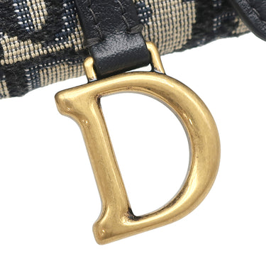 クリスチャン・ディオール Christian Dior サドル チェーン ポーチ スモール ネイビー系 コットン レザー チェーンウォレット ゴールド金具 ショルダー オブリーク ジャカード