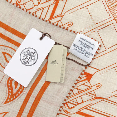 エルメス HERMES カレ140 カレジェアン オレンジ×ナチュラル×ルージュ カシミヤ シルク ストール 新品 未使用 【Mors a Jouets Bandana/馬銜 バンダナ】