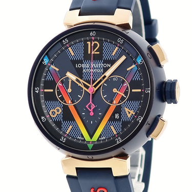 腕時計 ルイヴィトン LOUIS VUITTON タンブール クロノグラフ ダミエ コバルト Vレインボー QA129 自動巻き メンズ K18PG×SS 渋谷限定