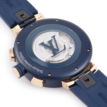 腕時計 ルイヴィトン LOUIS VUITTON タンブール クロノグラフ ダミエ コバルト Vレインボー QA129 自動巻き メンズ K18PG×SS 渋谷限定