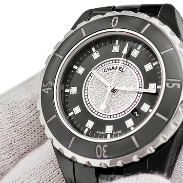 腕時計 シャネル CHANEL J12 H2122 クオーツ レディース 純正ダイヤ パヴェ 黒 ラウンド 回転ベゼル