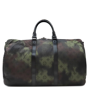 ルイヴィトン LOUIS VUITTON キーポル バンドリエール50 M41416 カーキ×ブラック ナイロン レザー モノグラムカモフラージ ボストンバッグ マットブラック金具 イニシャル刻印入り