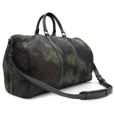 ルイヴィトン LOUIS VUITTON キーポル バンドリエール50 M41416 カーキ×ブラック ナイロン レザー モノグラムカモフラージ ボストンバッグ マットブラック金具 イニシャル刻印入り