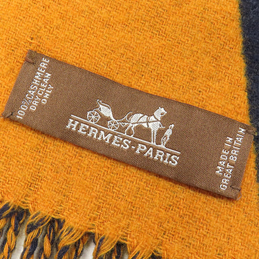 エルメス HERMES CASAQUE OPTIQUE ネイビー×オレンジ カシミヤ マフラー 紺 バイカラー カザック オプティック