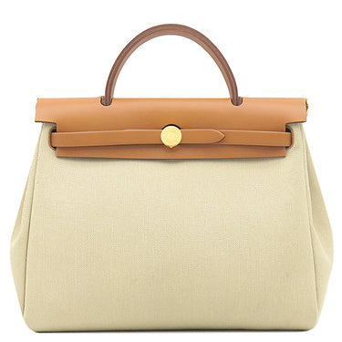エルメス HERMES エールバッグジップ 31 ベージュ×ゴールド キャンバス レザー トワルミリタリー ヴァッシュハンター ショルダーバッグ ゴールド金具 茶