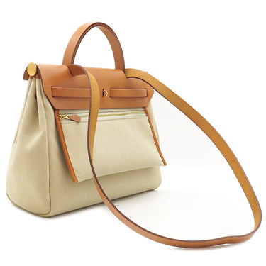 エルメス HERMES エールバッグジップ 31 ベージュ×ゴールド キャンバス レザー トワルミリタリー ヴァッシュハンター ショルダーバッグ ゴールド金具 茶