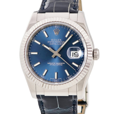 腕時計 ロレックス ROLEX デイトジャスト 36 116139 F番 自動巻き メンズ F番 K18WG無垢 ブルー 青 フルーテッドベゼル サンレイ