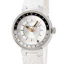 腕時計 ルイヴィトン LOUIS VUITTON タンブール ムーン デュアルタイム MM QA104Z クオーツ レディース シルバー GMT モノグラム