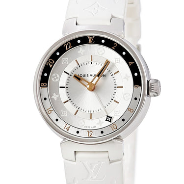 腕時計 ルイヴィトン LOUIS VUITTON タンブール ムーン デュアルタイム MM QA104Z クオーツ レディース シルバー GMT モノグラム