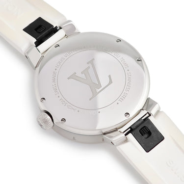 腕時計 ルイヴィトン LOUIS VUITTON タンブール ムーン デュアルタイム MM QA104Z クオーツ レディース シルバー GMT モノグラム