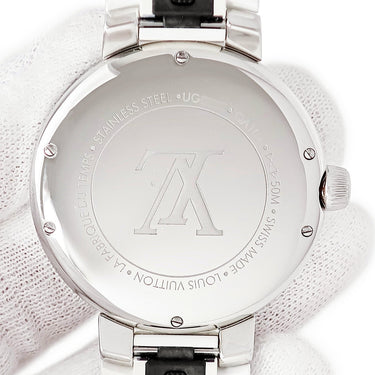 腕時計 ルイヴィトン LOUIS VUITTON タンブール ムーン デュアルタイム MM QA104Z クオーツ レディース シルバー GMT モノグラム