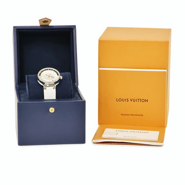 腕時計 ルイヴィトン LOUIS VUITTON タンブール ムーン デュアルタイム MM QA104Z クオーツ レディース シルバー GMT モノグラム