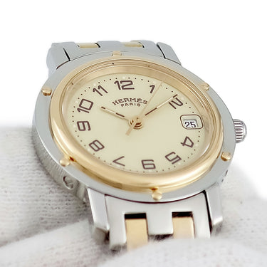 腕時計 エルメス HERMES クリッパー CL4.220 クオーツ レディース GP×SS コンビ アイボリー デイト Hマークブレス