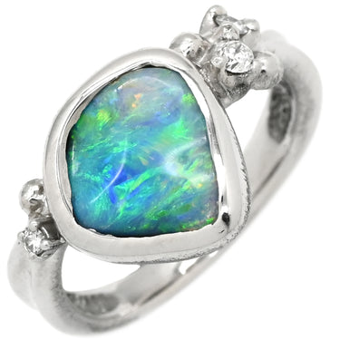 真々田誠次 Seiji Art Jewelry ボルダーオパール ダイヤ ブルー×プラチナシルバー Pt900 ボルダーオパール ダイヤモンド リング 指輪 Pt900 遊色 プレイオブカラー フリーシェイプ ハンドメイド 13号