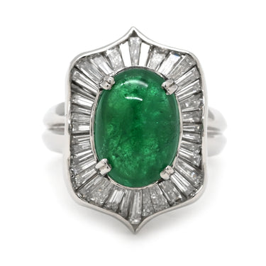 ノンブランド NON BRAND エメラルド5.21ct ダイヤモンド グリーン×プラチナシルバー Pt900 エメラルド ダイヤモンド リング 指輪 緑 カボションカット プラチナ900 テーパーダイヤ 13号