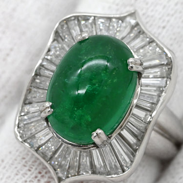 ノンブランド NON BRAND エメラルド5.21ct ダイヤモンド グリーン×プラチナシルバー Pt900 エメラルド ダイヤモンド リング 指輪 緑 カボションカット プラチナ900 テーパーダイヤ 13号
