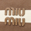 ミュウミュウ MIU MIU ドローストリング ポーチ 5ND016 カカオ×ナチュラル キャンバス レザー ハンドバッグ ゴールド金具 ストライプ ロゴ