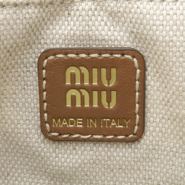 ミュウミュウ MIU MIU ドローストリング ポーチ 5ND016 カカオ×ナチュラル キャンバス レザー ハンドバッグ ゴールド金具 ストライプ ロゴ