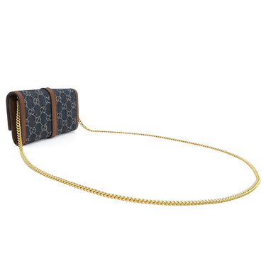 グッチ GUCCI ジャッキー1961 チェーン付き ウォレット 652681 ブルー×ブラウン レザー GGジャガードデニム チェーンウォレット ゴールド金具 デニム ショルダー