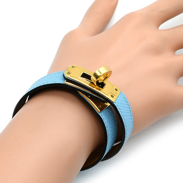 エルメス HERMES ケリードゥブルトゥール ブルーXゴールド ヴォーエプソン GP T4 ブレスレット 青 2重 2連 ケリークラスプ