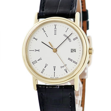 腕時計 エルメス HERMES マゼラン クオーツ メンズ レディース K18YG無垢 ホワイト 白 デイト ローマン ラウンド