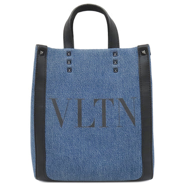 ヴァレンティノ VALENTINO VLTN ロゴ 2Y2B0B78 ブルー×ブラック デニム レザー 2WAYバッグ シルバー金具 青 黒 ショルダー トート スタッズ