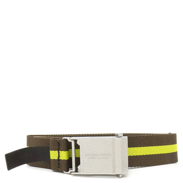 ボッテガヴェネタ BOTTEGA VENETA リボンストライプ ベルト 629663VBWJ ブラウン×イエロー キャンバス ベルト シルバー金具 茶 黄色 ガチャベルト GIベルト