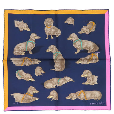 エルメス HERMES カレ45 ガヴロッシュ ブルーマリン×マンゴー×ローズボンボン シルク スカーフ 【LES BASSETS/バセットハウンド】