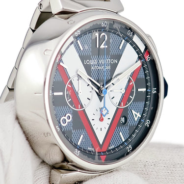 腕時計 ルイヴィトン LOUIS VUITTON タンブール クロノグラフ ダミエ コバルトV QA076Z 自動巻き メンズ デイト スモールセコンド