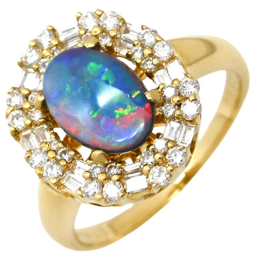 ノンブランド NON BRAND ブラックオパール 0.82ct ダイヤ マルチカラー×イエローゴールド K18YG ブラックオパール ダイヤモンド リング 指輪 18K 750 YG 遊色 オーバル 12号